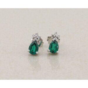 14k White Gold Lab Created Emerald & Diamond Earrings Stud Post Earrings 3/8"